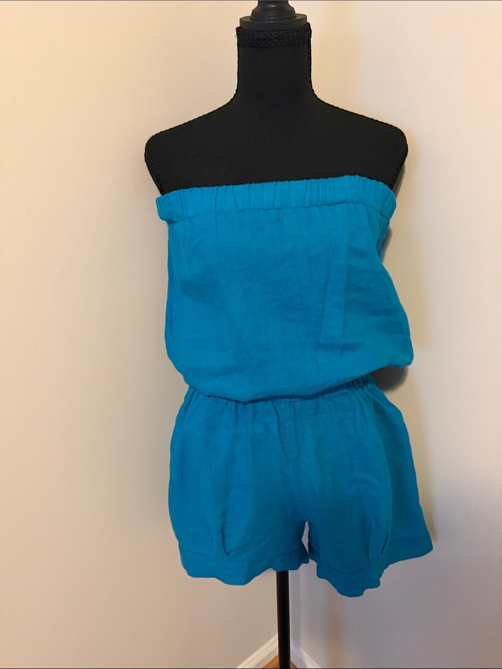 Jolie Teal Strapless Linen Blend Shorts Romper